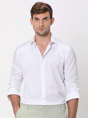 White Stretch Plain Slim Fit Casual Shirt