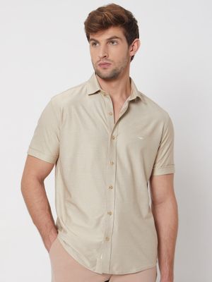 Beige Knitted Plainslim Fit Casual Shirt