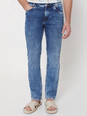Mid Blue Relaxed Straight Fit Denim Deluxe Stretch Jeans