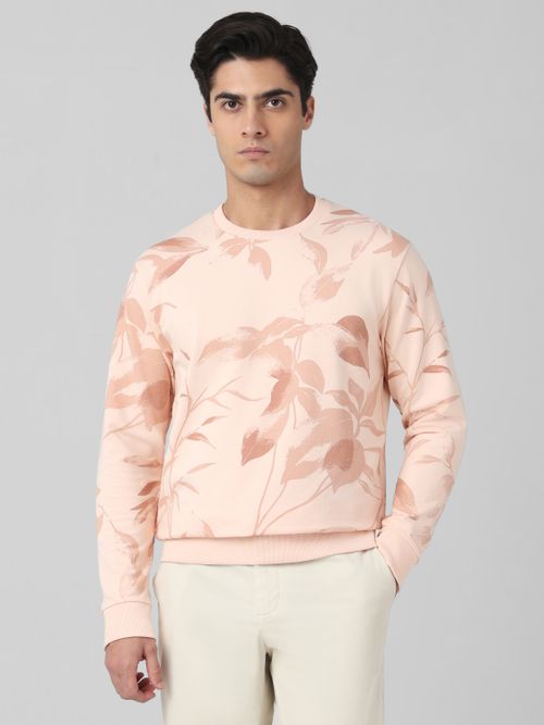 Pastel Pink Leaf Print Slim Fit Sweatshirt