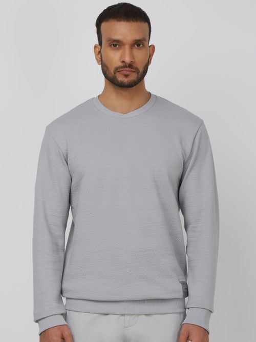 Light Grey Textured Plain Slim Fit T-Shirt