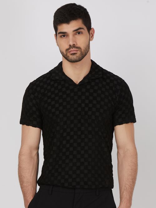 Black Terry-Towel Jacquard Slim Fit Jacquard Polo