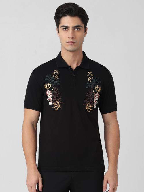 Black Embroidered Plain Half Sleeve Casual T-Shirt