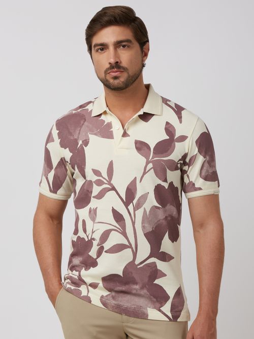 Off White Floral Print Slim Fit Polo