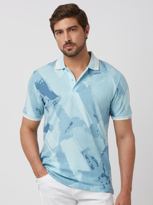 Light Blue Abstract Print Slim Fit Polo