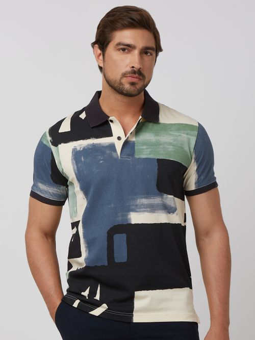 Navy Abstract Print Slim Fit Polo