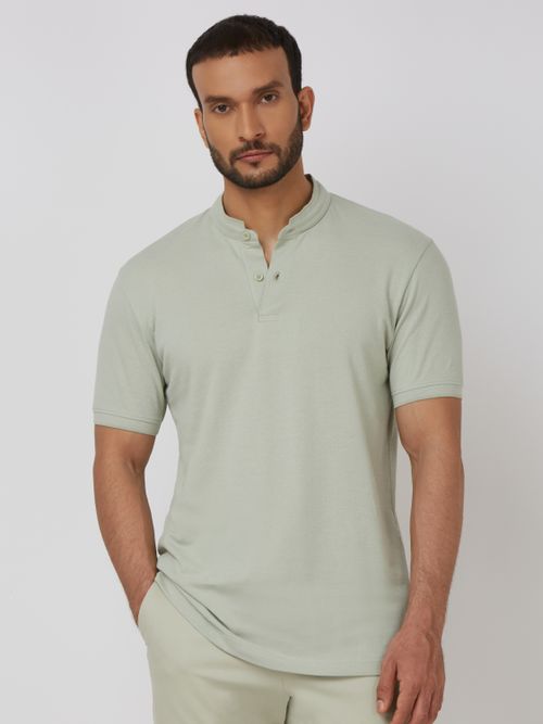 Light Green Textured Plain Half Sleeve Casual Henley