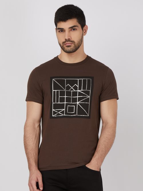 Brown Graphic Print Slim Fit Jersey T-Shirt