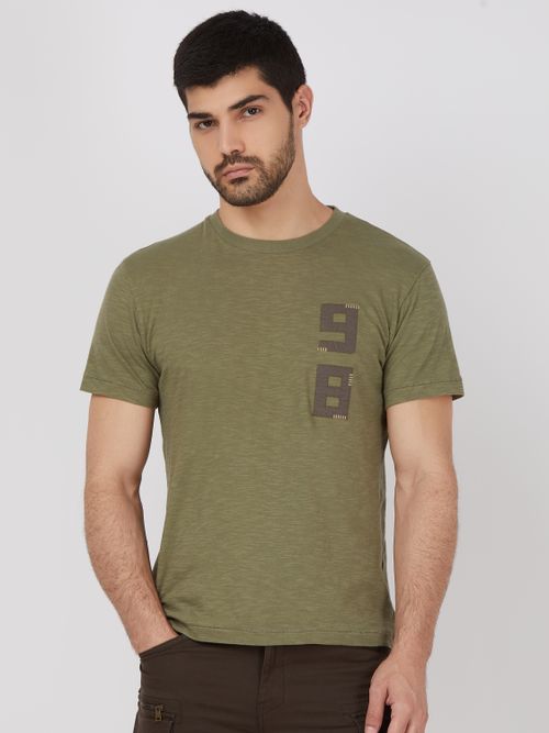 Olive Applique Plain Slim Fit Slub Jersey T-Shirt