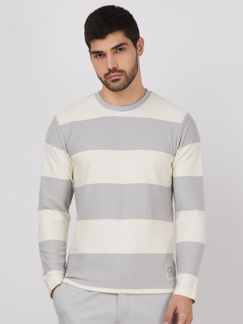 Light Grey Textured Stripe Slim Fit Textured Jersey T-Shirt