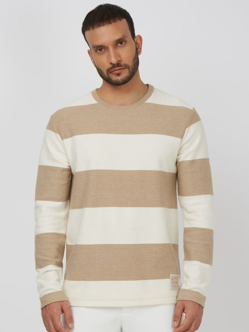 Beige Textured Stripe Slim Fit Textured Jersey T-Shirt