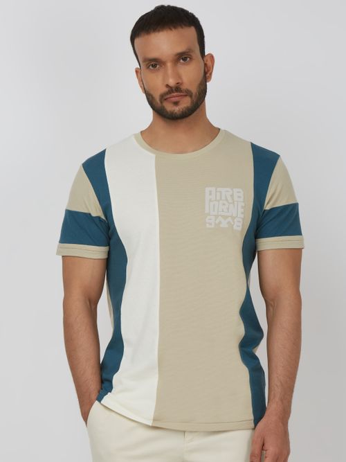 Beige Cut & Sew Stripe Slim Fit T-Shirt