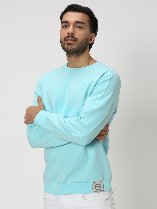 Light Blue Slim Fit Knitted Fleece Sweatshirt
