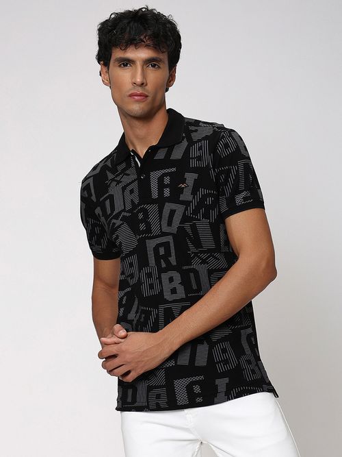 Black & Grey Abstract Print Pique Polo T-Shirt