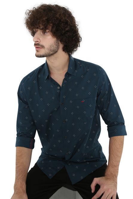Teal & Off White Print Slim Fit Casual Shirt