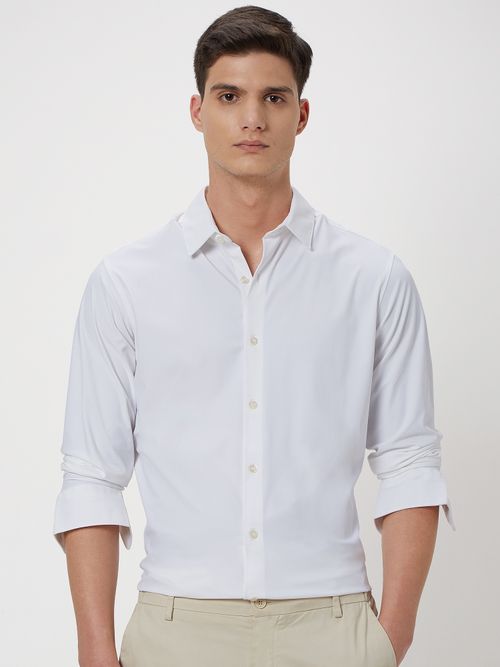 White Knitted Plain Stretch Shirt