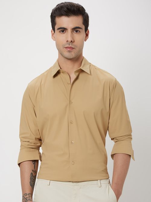 Beige Knitted Plain Stretch Shirt