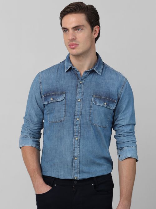 Mid Blue Western Plain Slim Fit Casual Shirt