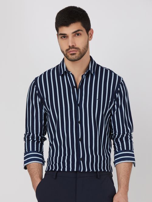 Navy Denim Stripe Slim Fit Casual Shirt