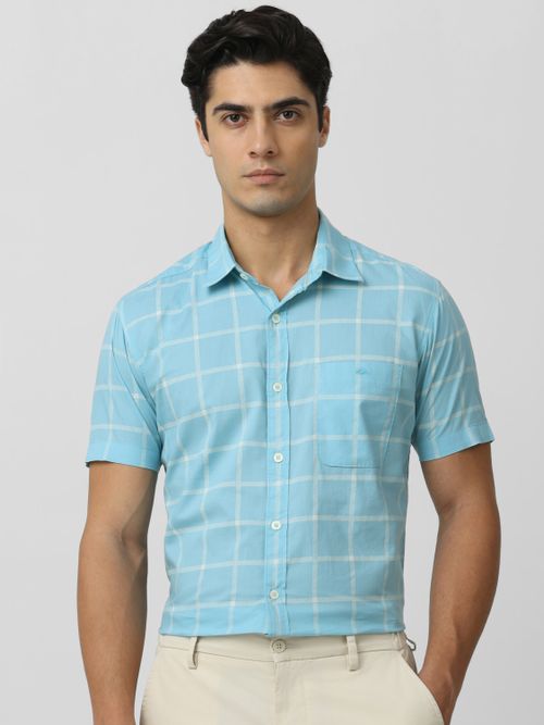 Turquoise Windowpane Check Slim Fit Casual Shirt