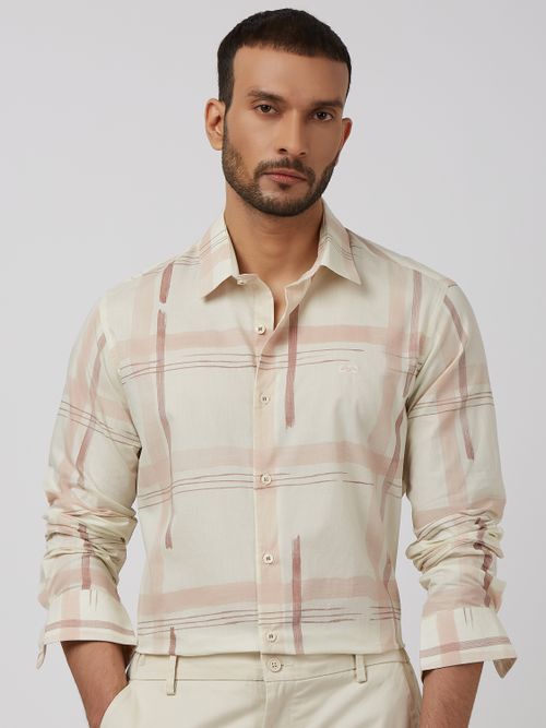 Off White Printed Check Slim Fit Casual Shirt