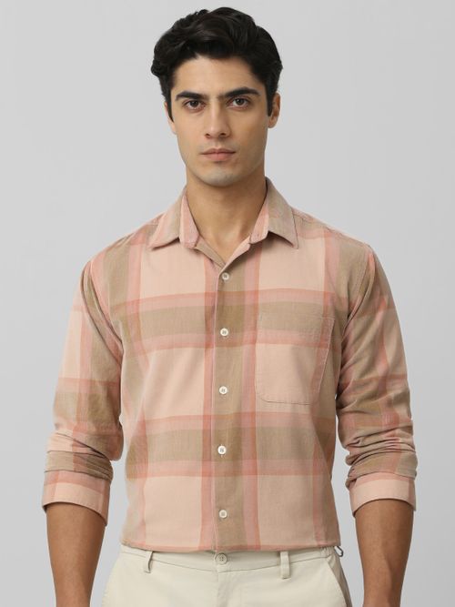 Peach Corduroy Check Slim Fit Casual Shirt