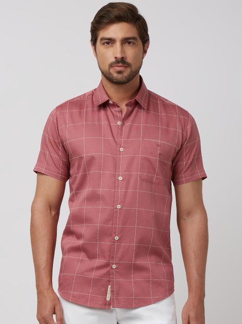 Pink Windowpane Check Slim Fit Casual Shirt