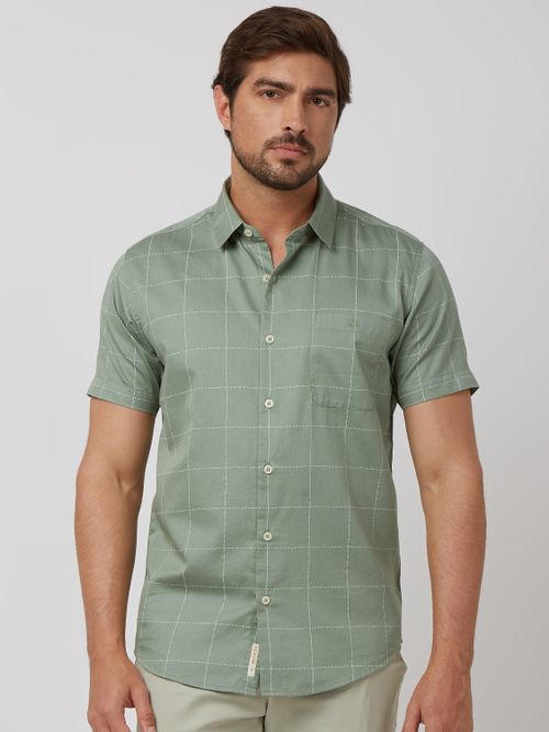 Light Olive Windowpane Check Slim Fit Casual Shirt