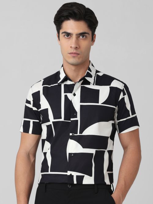 White Abstract Print Slim Fit Casual Shirt