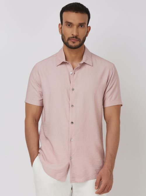 Pastel Pink Textured Plain Slim Fit Casual Shirt