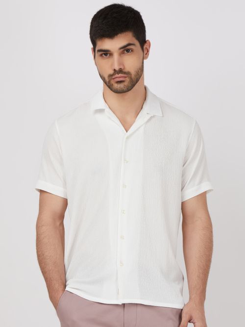 White Textured Plain Relaxed Fit Casual Shirt