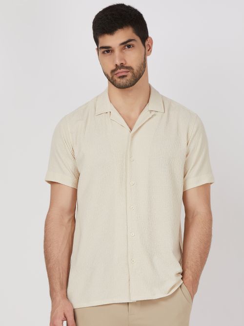 Beige Textured Plain Relaxed Fit Casual Shirt