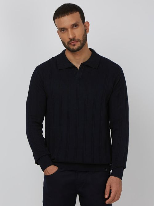 Navy Long Sleeve Flatknit Slim Fit Polo