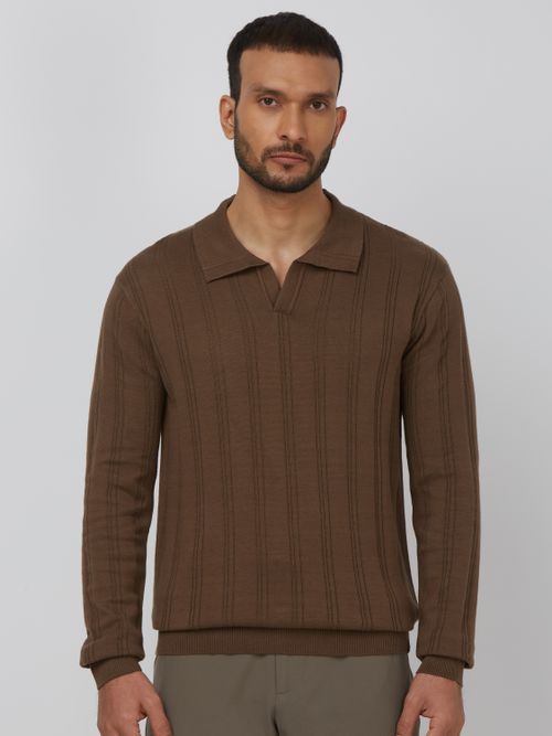 Brown Long Sleeve Flatknit Slim Fit Polo