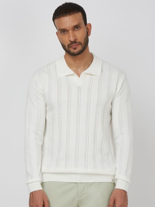 Off White Long Sleeve Flatknit Slim Fit Polo