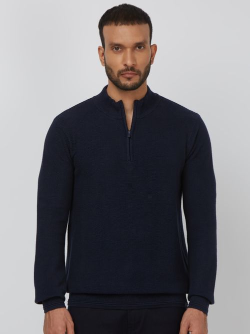 NAVY MOCK NECK HALF ZIP SLIM FIT SWEATER