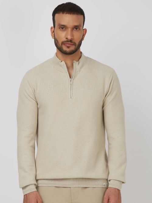 BEIGE MOCK NECK HALF ZIP SLIM FIT SWEATER