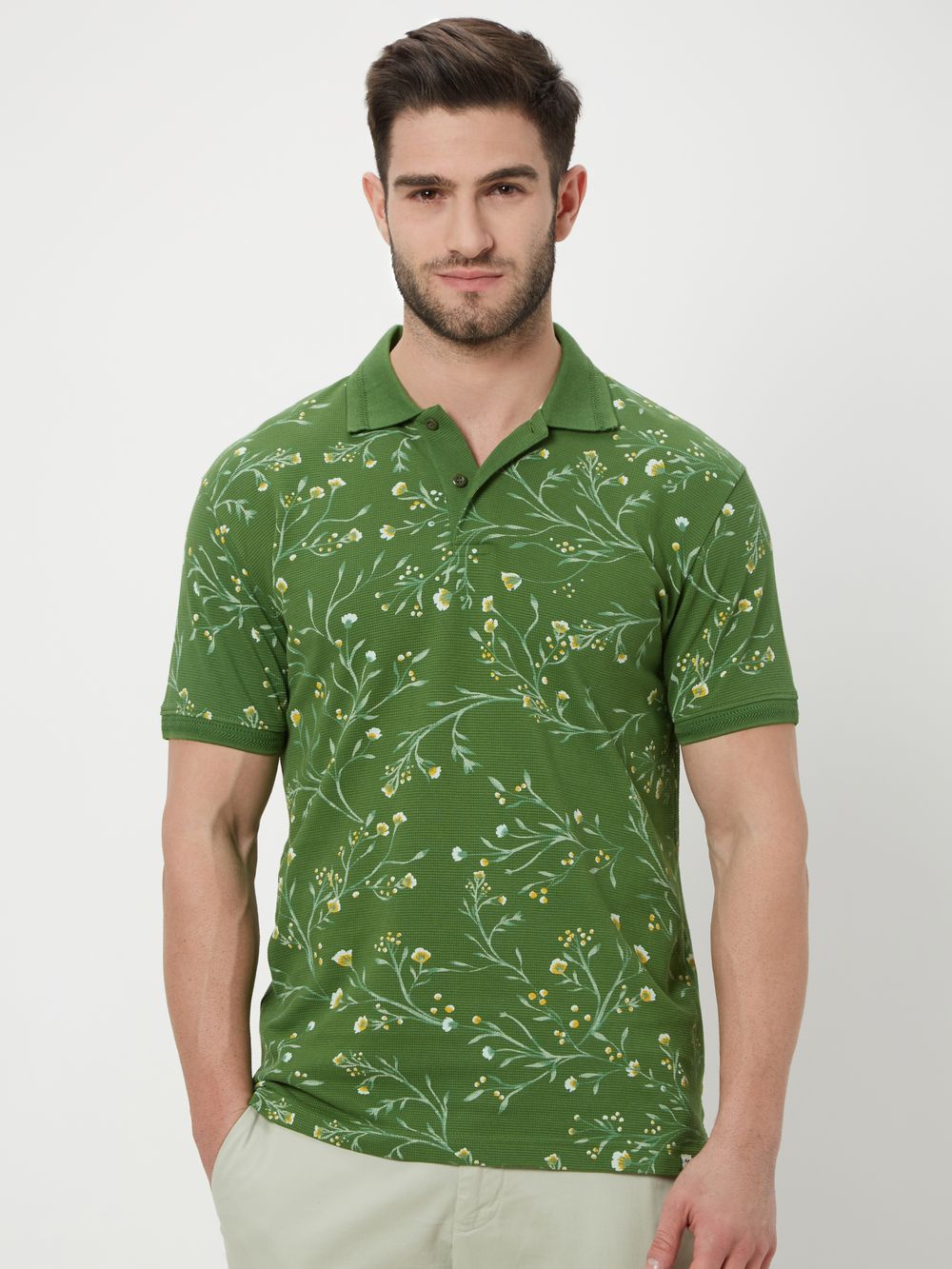 Green Floral Print Polo T-Shirt