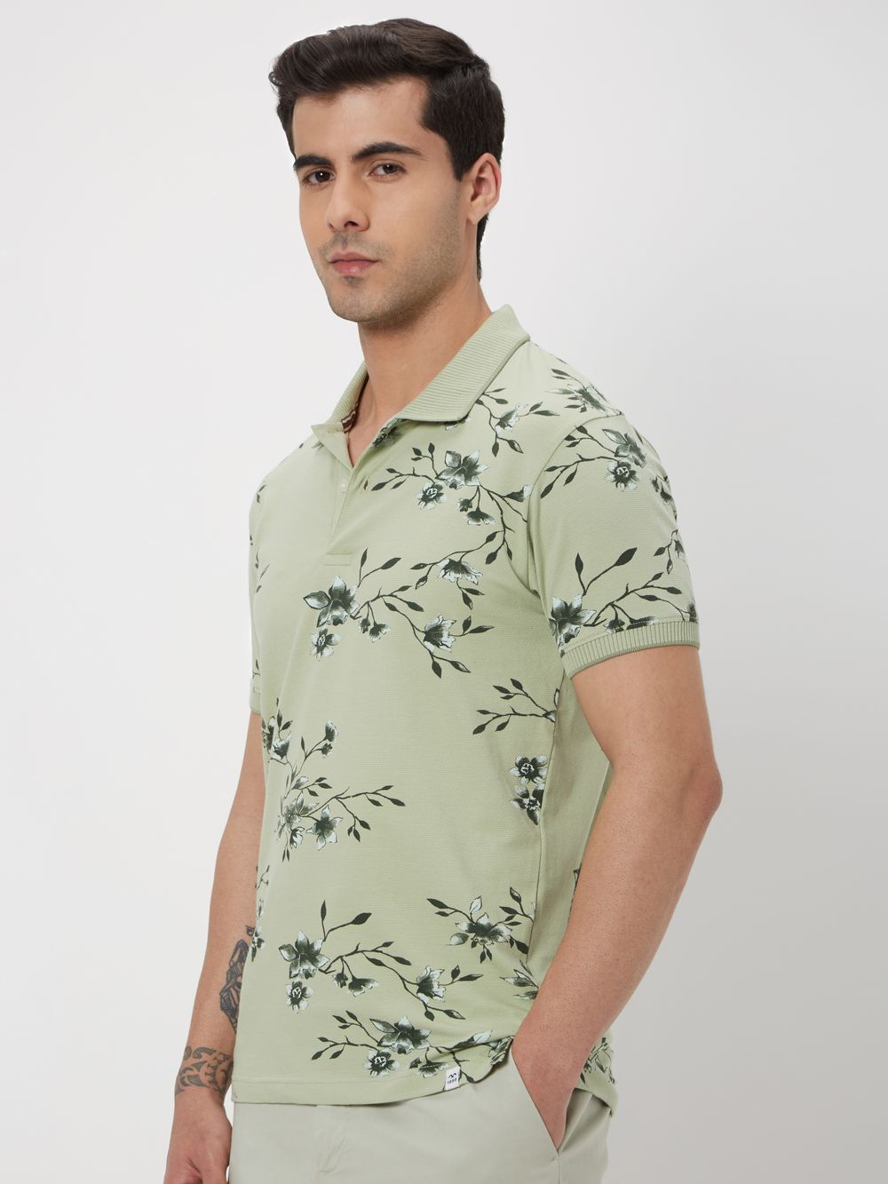 Light Green Floral Print Mini Waffle Polo T-Shirt