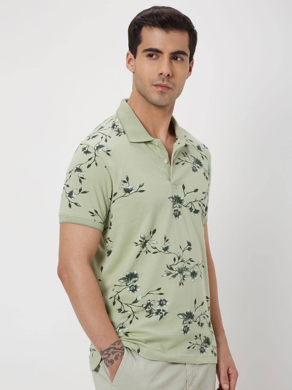 Light Green Floral Print Mini Waffle Polo T-Shirt