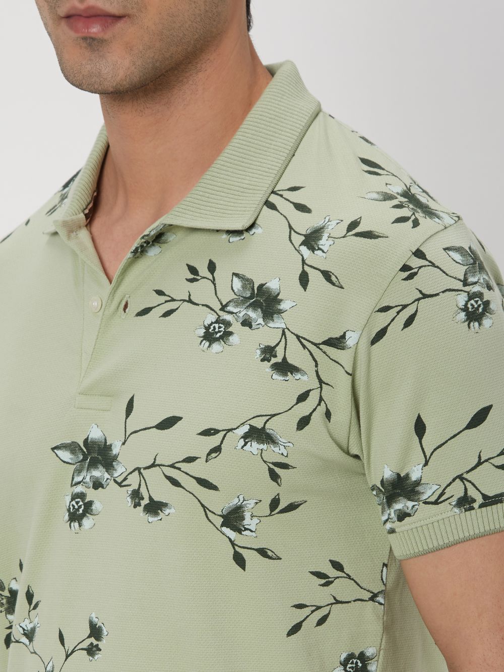 Light Green Floral Print Mini Waffle Polo T-Shirt