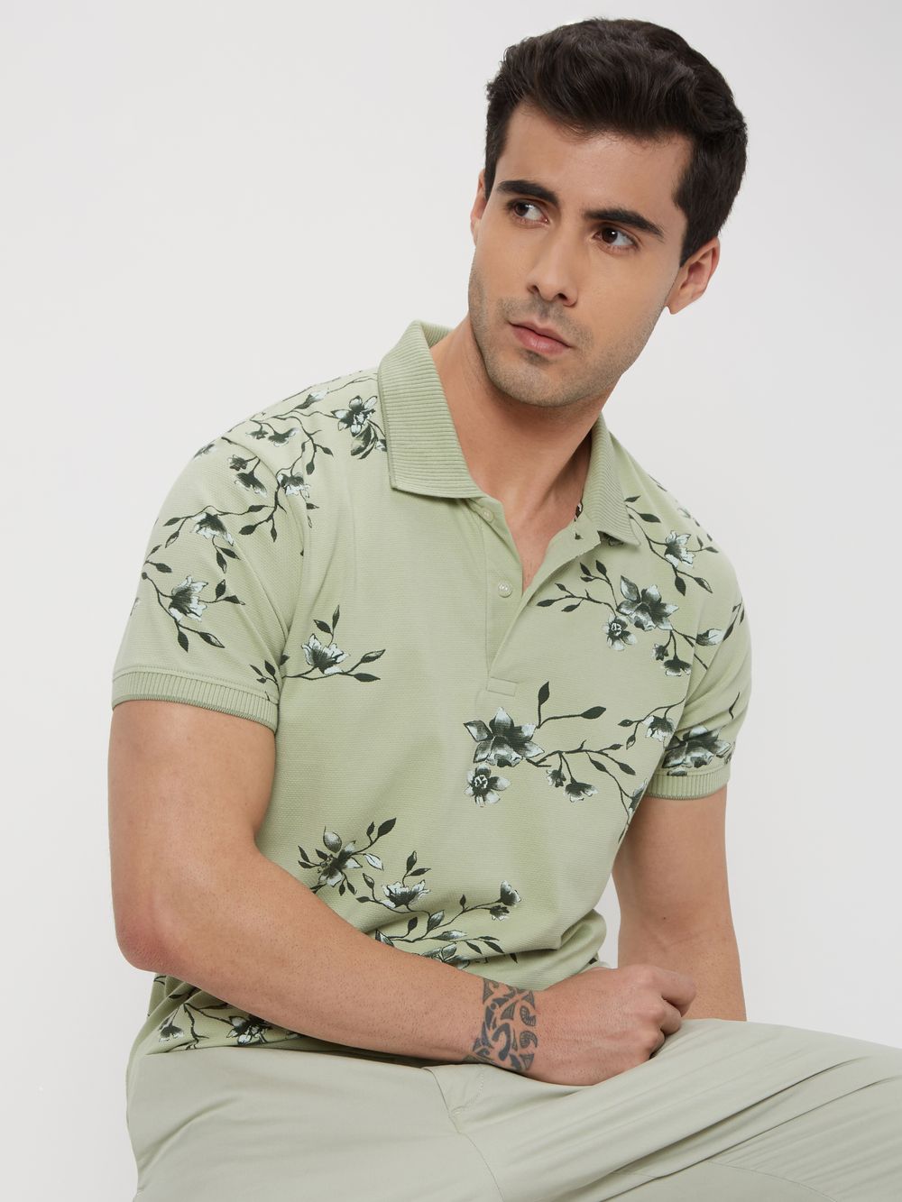 Light Green Floral Print Mini Waffle Polo T-Shirt