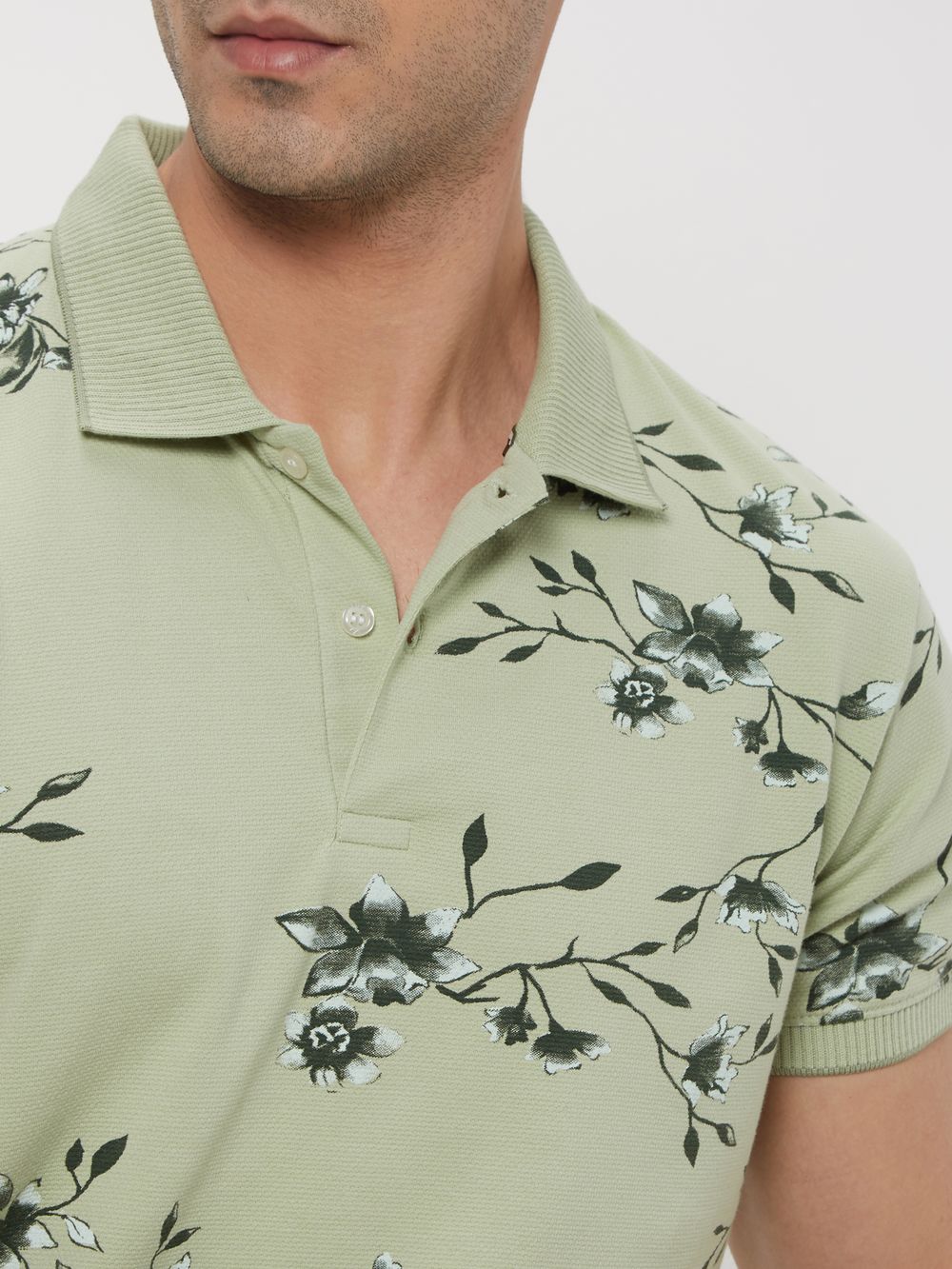 Light Green Floral Print Mini Waffle Polo T-Shirt