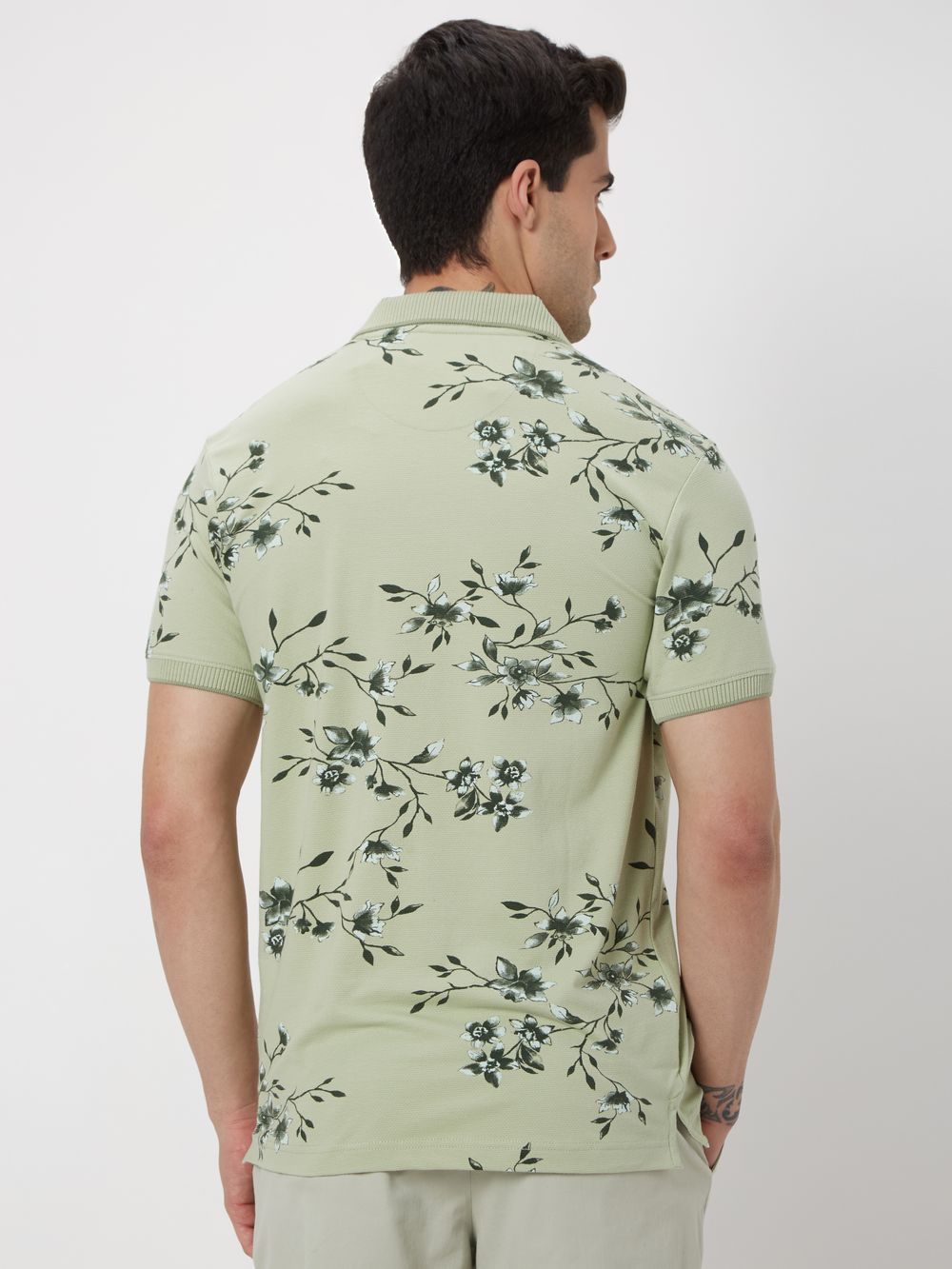 Light Green Floral Print Mini Waffle Polo T-Shirt