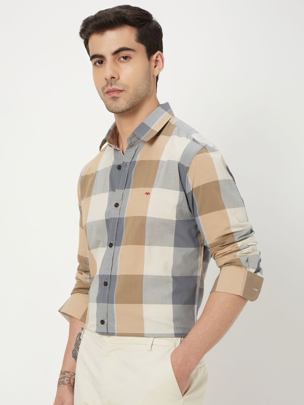 Beige Large Check Lightweight Shirt