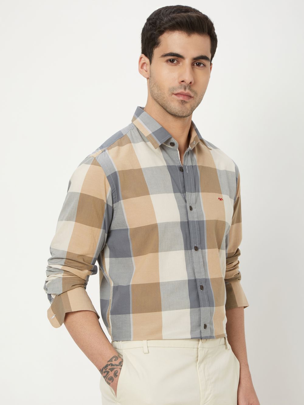 Beige Large Check Lightweight Shirt