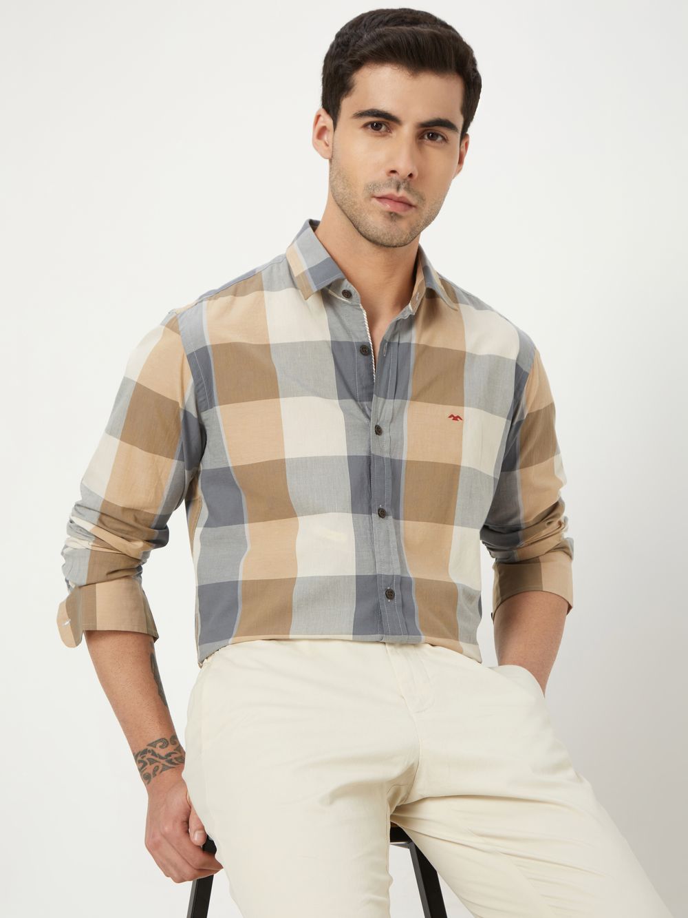 Beige Large Check Lightweight Shirt