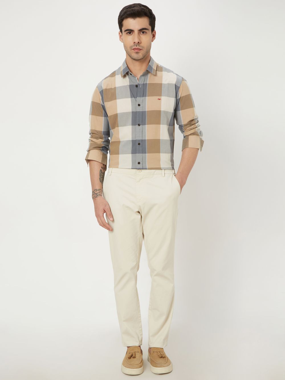 Beige Large Check Lightweight Shirt