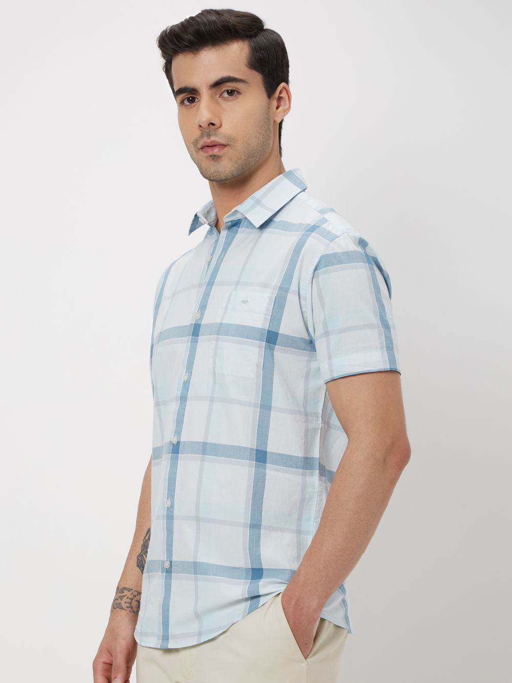 Light Blue Windowpane Check Slim Fit Casual Shirt