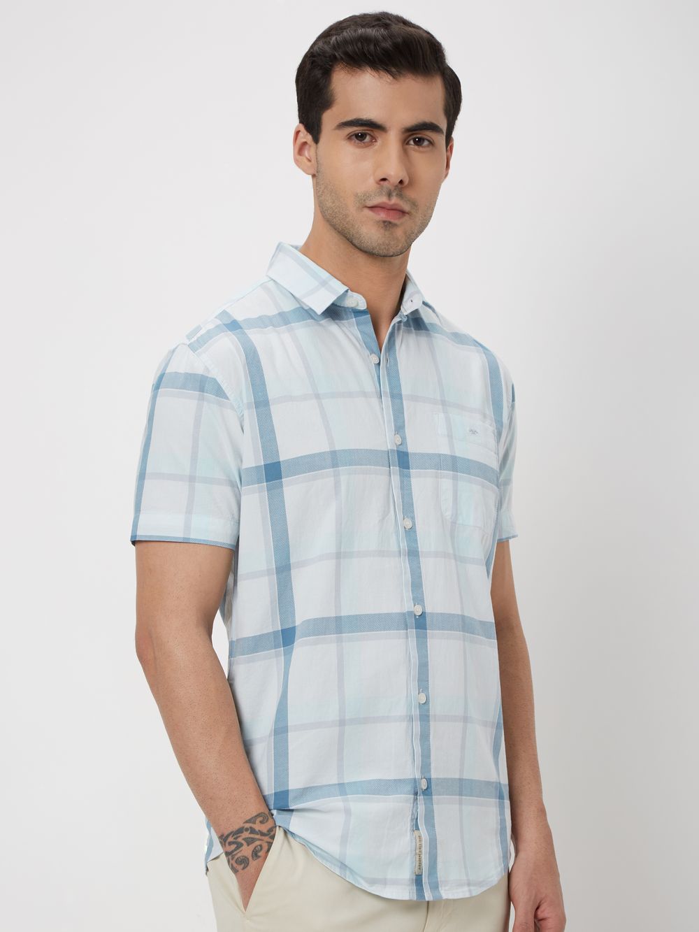 Light Blue Windowpane Check Slim Fit Casual Shirt